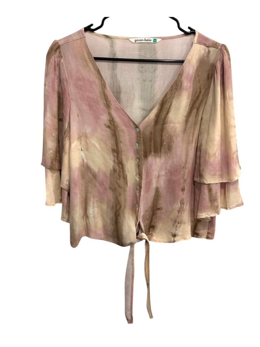 Given Kale Medium Tie-Dye Bell Sleeve Button Front Blouse Hippie Boho Chic